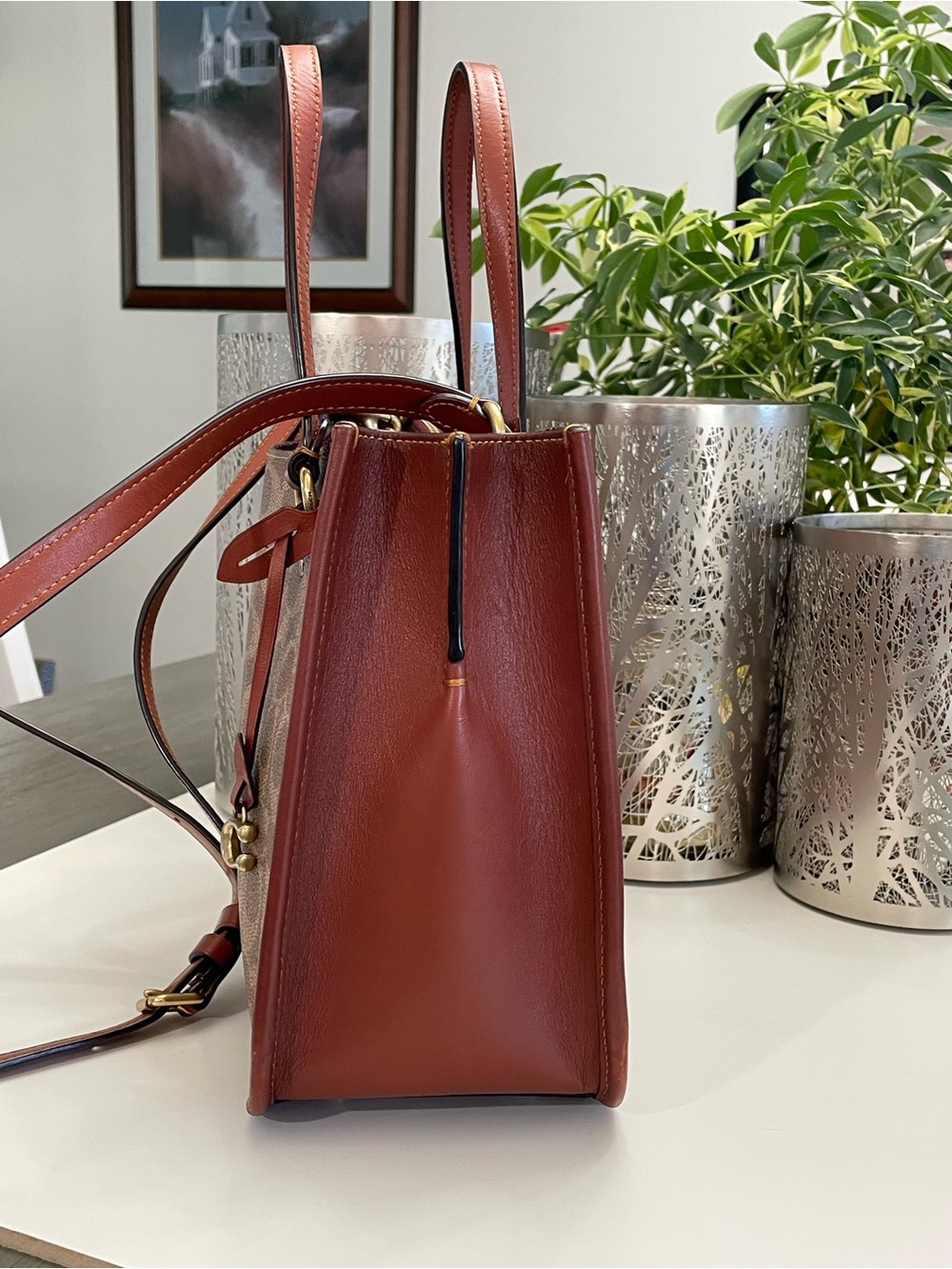 Coach Brown Signature Canvas Tote with Saddle Leather Trim - Picture 4 of 11
